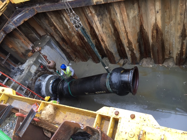 30” TR Flex Class 52 with Protecto 401 and welded plates. Pipe going through a bore under a main intersection in Downtown Norfolk, Virginia.