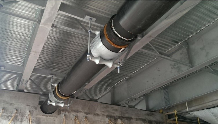 DI pipe hung from a bridge will require support as shown.