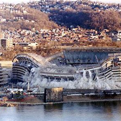 The old Three Rivers Stadium in Pittsburgh is torn down, creating Post-industrial materials. Photo source: Google