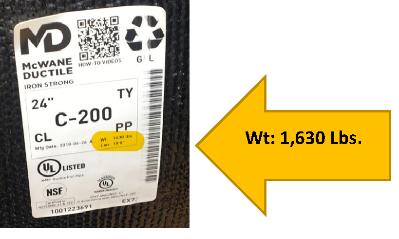 A pipe sticker with information describing the pipe size, Class, and weight.