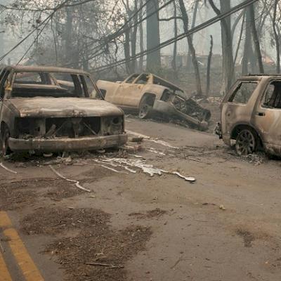 Heat from fires in Paradise, CA was high enough to melt the plastic on/in vehicles. Photo Source: PlasticNews.com