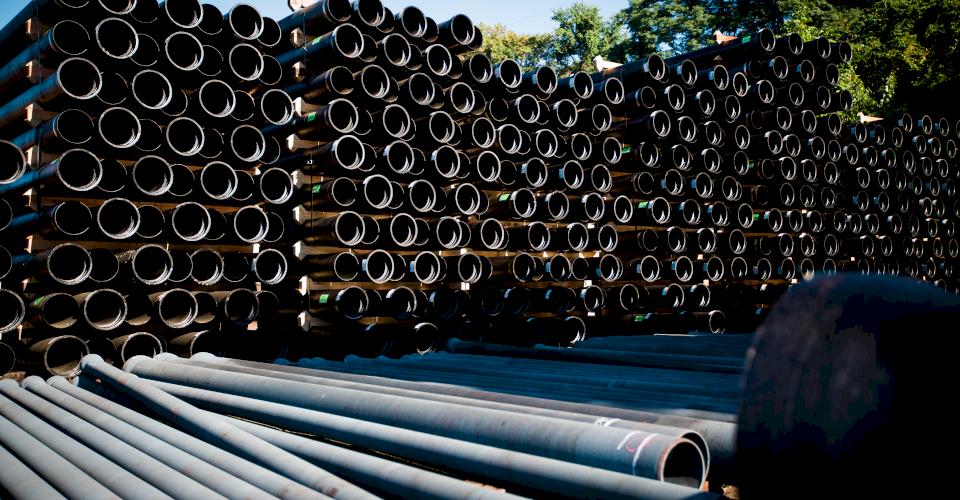 Stacks of Ductile iron pipe.