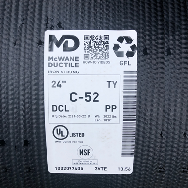 Typical production sticker as seen on McWane Ductile Ohio produced Ductile iron pipe.