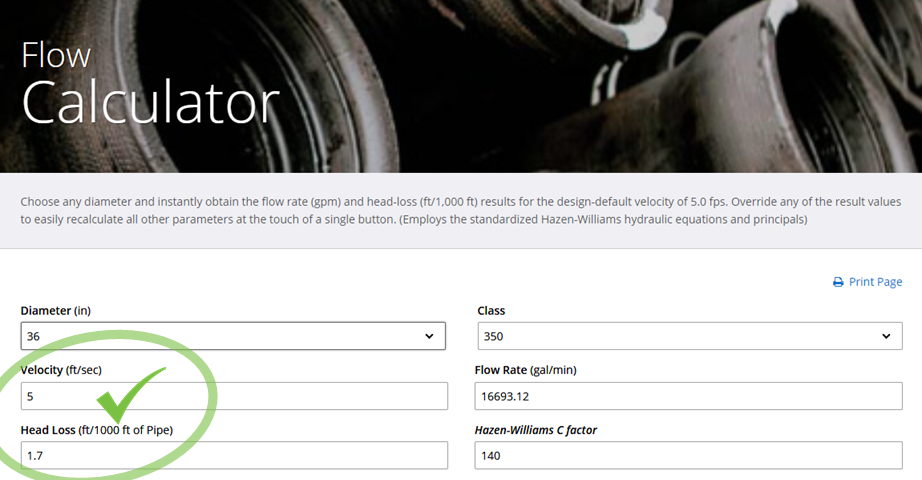 36-inch class 350 DI pipe efficiently handles nearly 17,000 gpm at default peak velocity presumption of 5.0 fps.